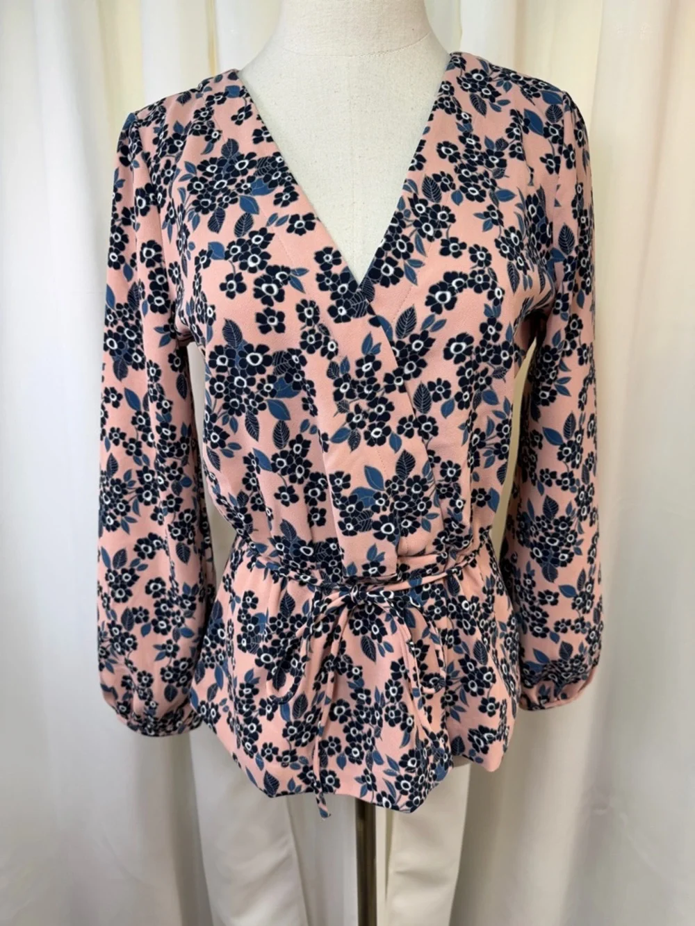 J. Crew Pink & Blue Floral Print Faux Wrap Crepe Blouson Sleeve Blouse Size 4